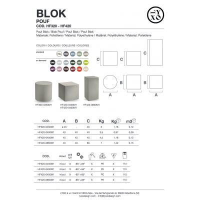 caratteriste tecniche Pouf Blok colorato