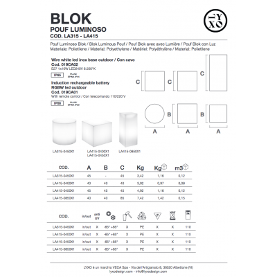 caratteriste tecniche Pouf Blok luminoso