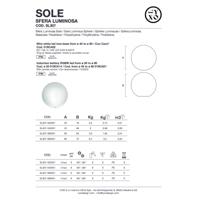 scheda tecnica sfere luminose modello Sole