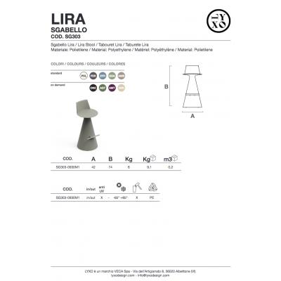 sgabello Lira colore standard e colori on demand - misure di ingombro errate