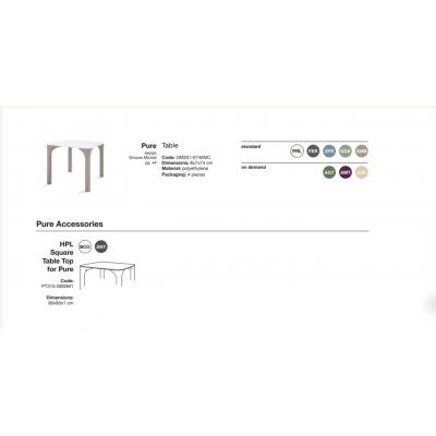 tavolo Pure, dati tecnici e colori standard e on demand delle gambe