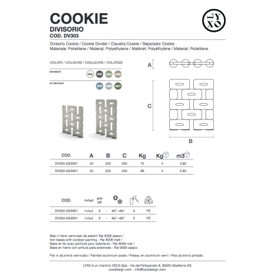 divisorio Cookie , dati tecnici, colori standard e on demand