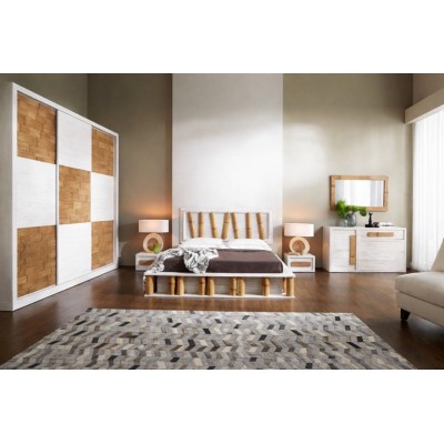 camera da letto con giroletto Forest contenitore e testiera Forest, comò e comodini Light