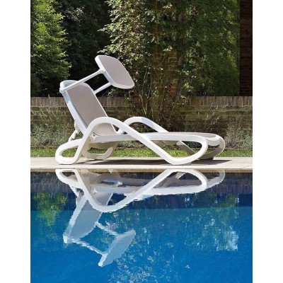 lettino Alfa con parasole con telaio bianco e tessuto tortora